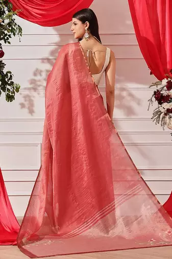 Red plain cotton blend festive saree with blouse piece