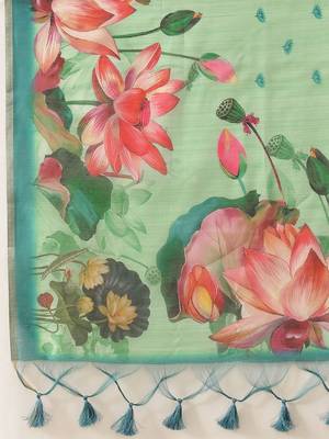 Sea green printed cotton blend ethnic saree with blouse piece 5