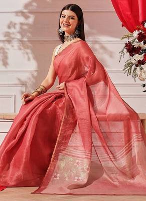 Red plain cotton blend festive saree with blouse piece 3