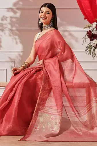 Red plain cotton blend festive saree with blouse piece