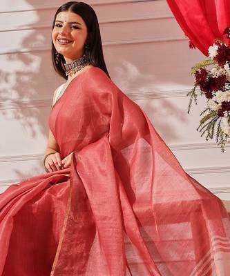 Red plain cotton blend festive saree with blouse piece 4