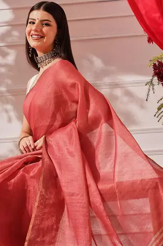 Red plain cotton blend festive saree with blouse piece