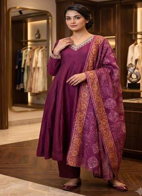 Wine purple silk festive wear anarkali suit set with banarasi border dupatta 1