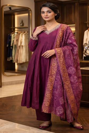 Wine purple silk festive wear anarkali suit set with banarasi border dupatta