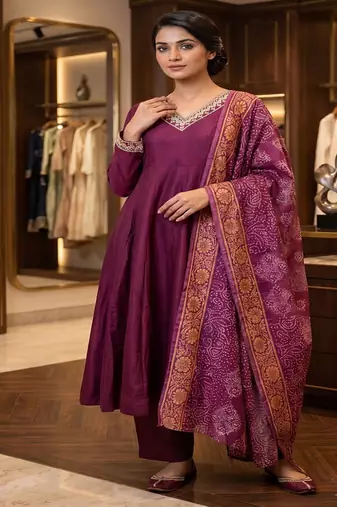 Wine purple silk festive wear anarkali suit set with banarasi border dupatta