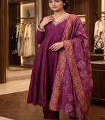 Wine purple silk festive wear anarkali suit set with banarasi border dupatta
