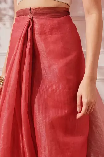 Red plain cotton blend festive saree with blouse piece