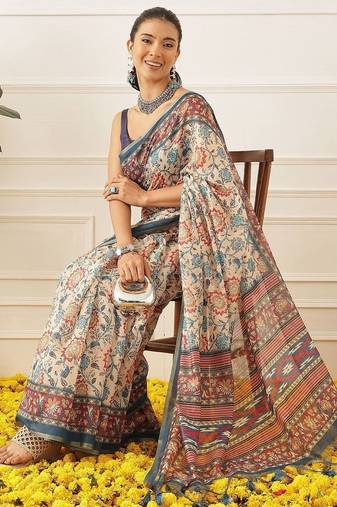 Beige printed cotton blend ethnic saree with blouse piece