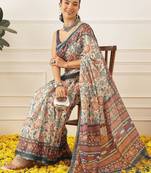 Beige printed cotton blend ethnic saree with blouse piece