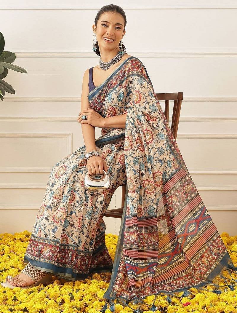 Beige printed cotton blend ethnic saree with blouse piece