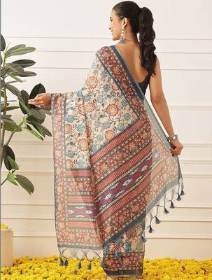 Beige printed cotton blend ethnic saree with blouse piece 2