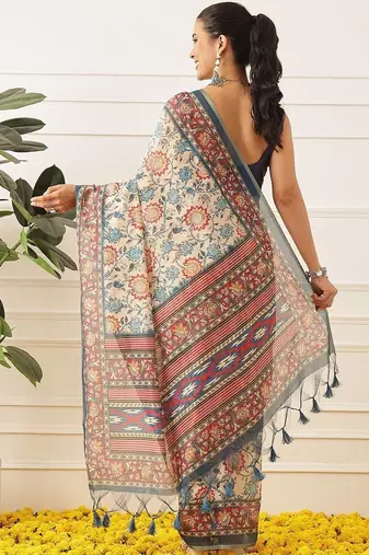 Beige printed cotton blend ethnic saree with blouse piece