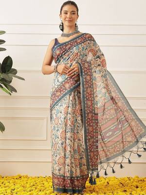 Beige printed cotton blend ethnic saree with blouse piece 3