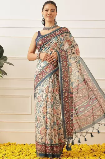Beige printed cotton blend ethnic saree with blouse piece