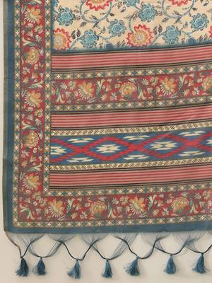 Beige printed cotton blend ethnic saree with blouse piece 5