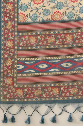 Beige printed cotton blend ethnic saree with blouse piece