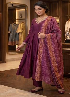Wine purple silk festive wear anarkali suit set with banarasi border dupatta 2