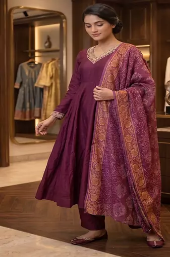Wine purple silk festive wear anarkali suit set with banarasi border dupatta