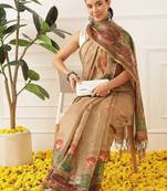 Brown printed cotton blend ethnic saree with blouse piece