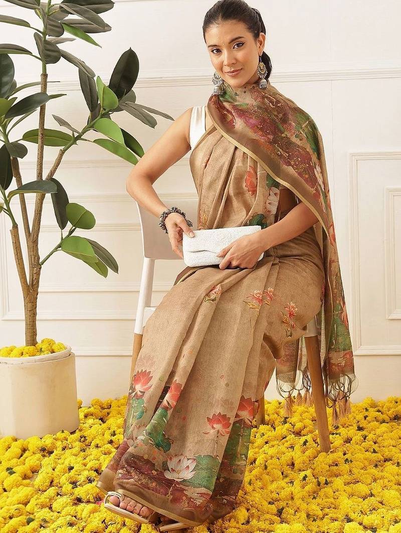 Brown printed cotton blend ethnic saree with blouse piece