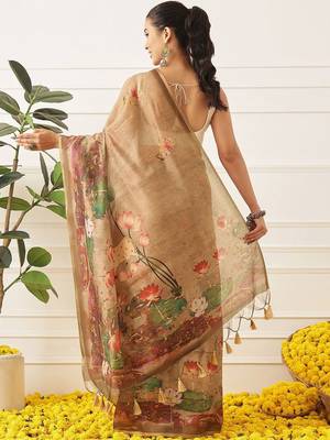 Brown printed cotton blend ethnic saree with blouse piece 2