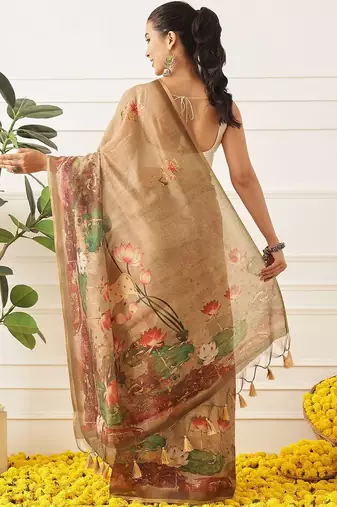 Brown printed cotton blend ethnic saree with blouse piece
