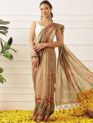 Brown printed cotton blend ethnic saree with blouse piece 3