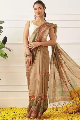 Brown printed cotton blend ethnic saree with blouse piece