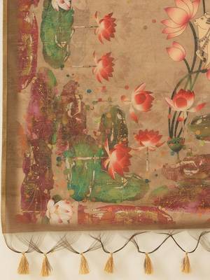 Brown printed cotton blend ethnic saree with blouse piece 5