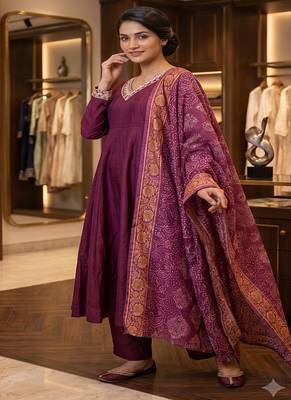Wine purple silk festive wear anarkali suit set with banarasi border dupatta 3