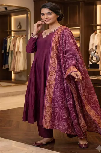 Wine purple silk festive wear anarkali suit set with banarasi border dupatta