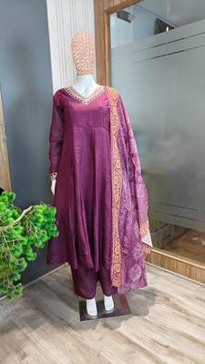 Wine purple silk festive wear anarkali suit set with banarasi border dupatta 4