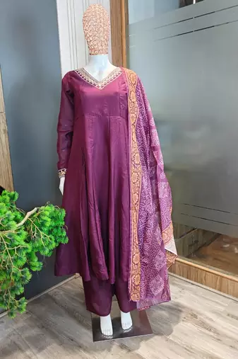 Wine purple silk festive wear anarkali suit set with banarasi border dupatta