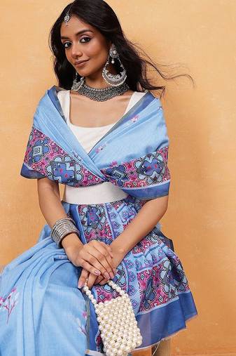 Blue printed cotton blend ethnic saree with blouse piece