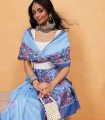 Blue printed cotton blend ethnic saree with blouse piece
