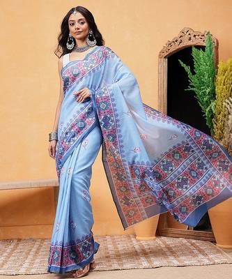 Blue printed cotton blend ethnic saree with blouse piece 2