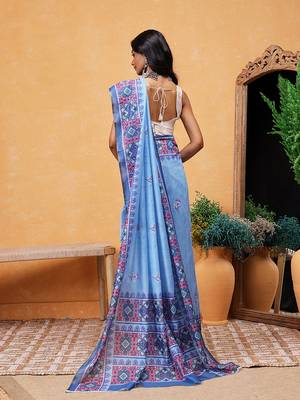 Blue printed cotton blend ethnic saree with blouse piece 3