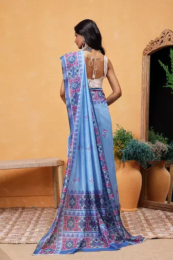 Blue printed cotton blend ethnic saree with blouse piece