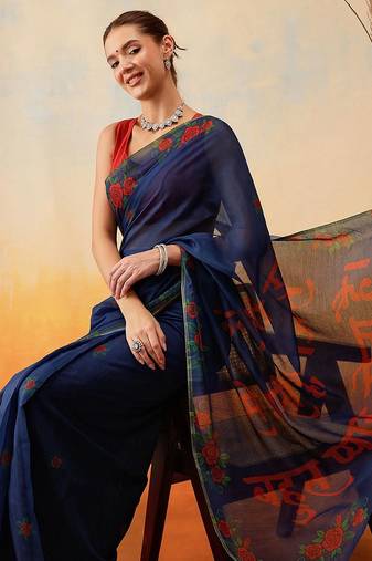 Navy blue printed cotton blend ethnic saree with blouse piece
