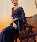Navy blue printed cotton blend ethnic saree with blouse piece