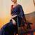 Navy blue printed cotton blend ethnic saree with blouse piece