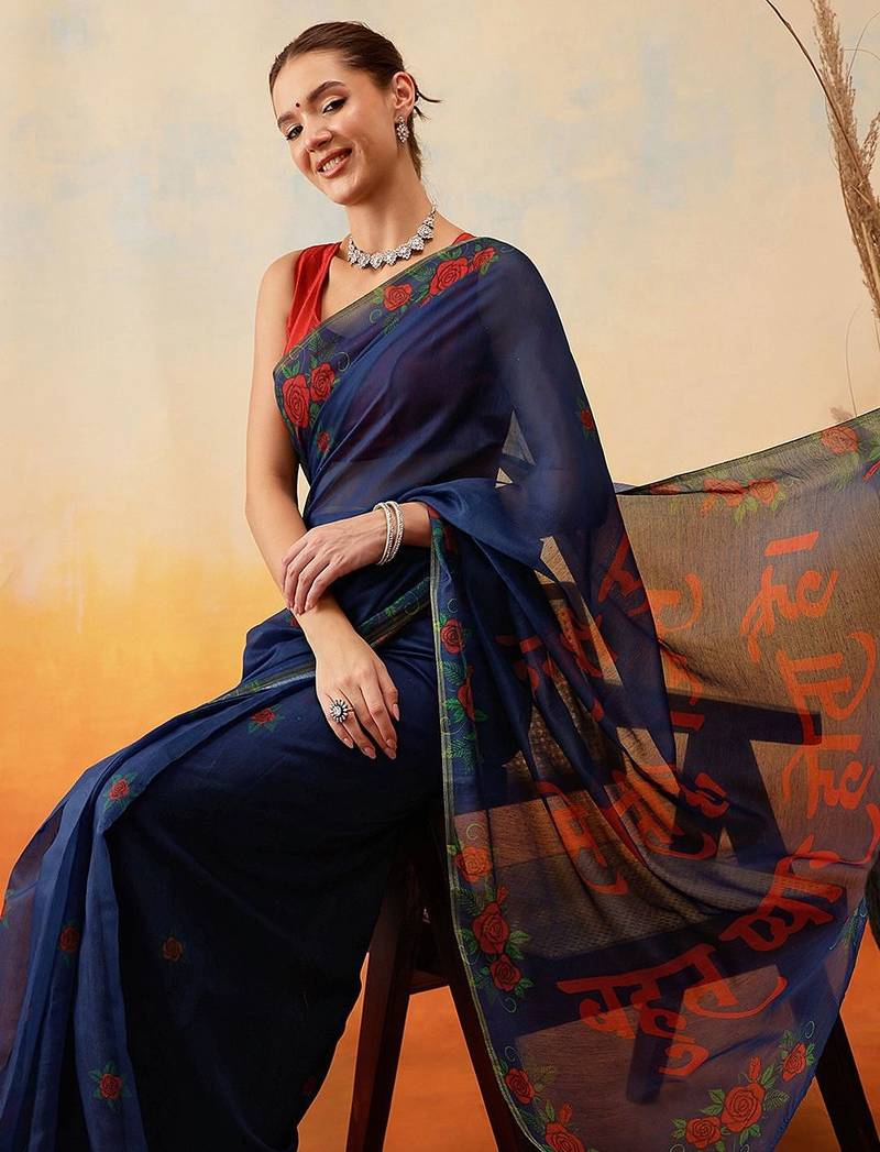 Navy blue printed cotton blend ethnic saree with blouse piece