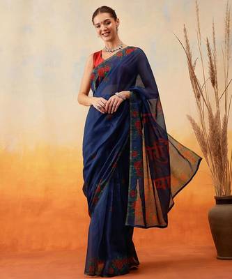 Navy blue printed cotton blend ethnic saree with blouse piece 2