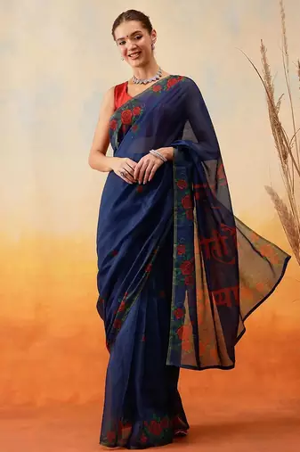 Navy blue printed cotton blend ethnic saree with blouse piece