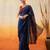 Navy blue printed cotton blend ethnic saree with blouse piece