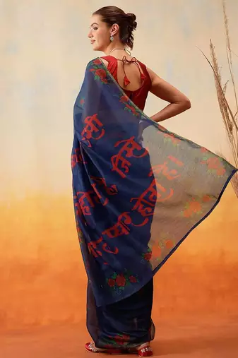 Navy blue printed cotton blend ethnic saree with blouse piece