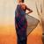 Navy blue printed cotton blend ethnic saree with blouse piece