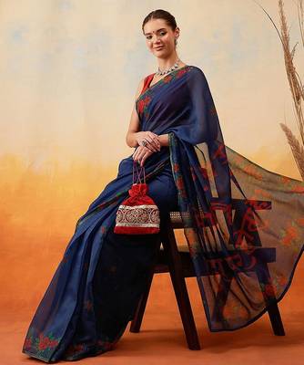 Navy blue printed cotton blend ethnic saree with blouse piece 4