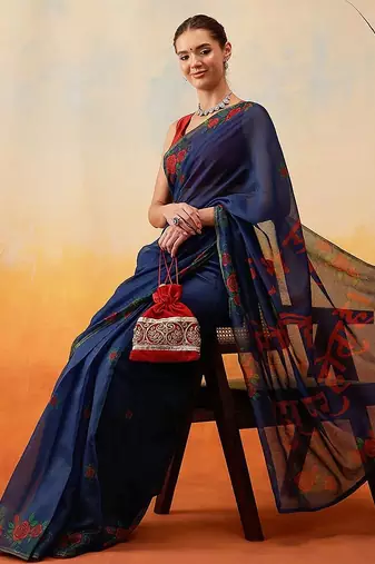 Navy blue printed cotton blend ethnic saree with blouse piece
