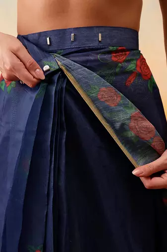 Navy blue printed cotton blend ethnic saree with blouse piece